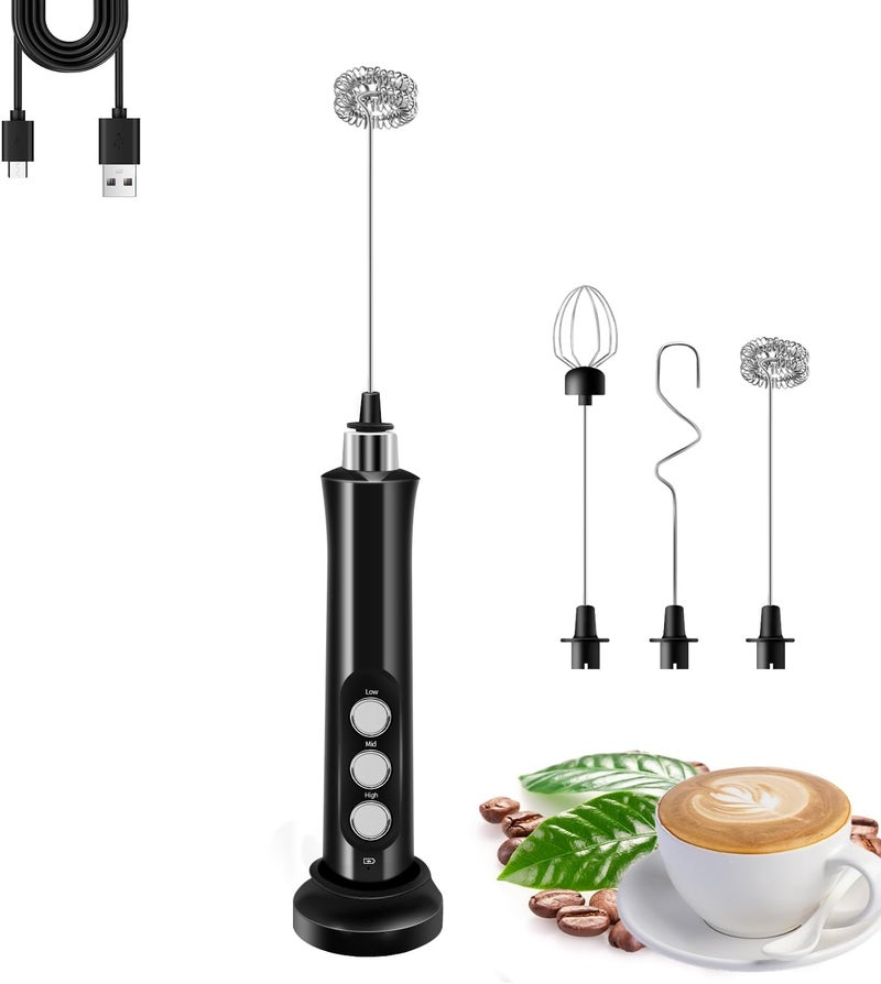 Styuanmmy Rechargeable Milk Frother Handheld with 3 Detachable Stainless Steel Whisks, 3 Speed Adjustable Electric Whisk Foam Maker, Handheld Drink Mixer, Frother Wand for Coffee, with Storage and Charging Base - Image 1